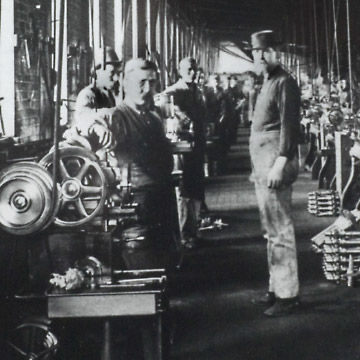 Black and White Picture of a Factory with Workers